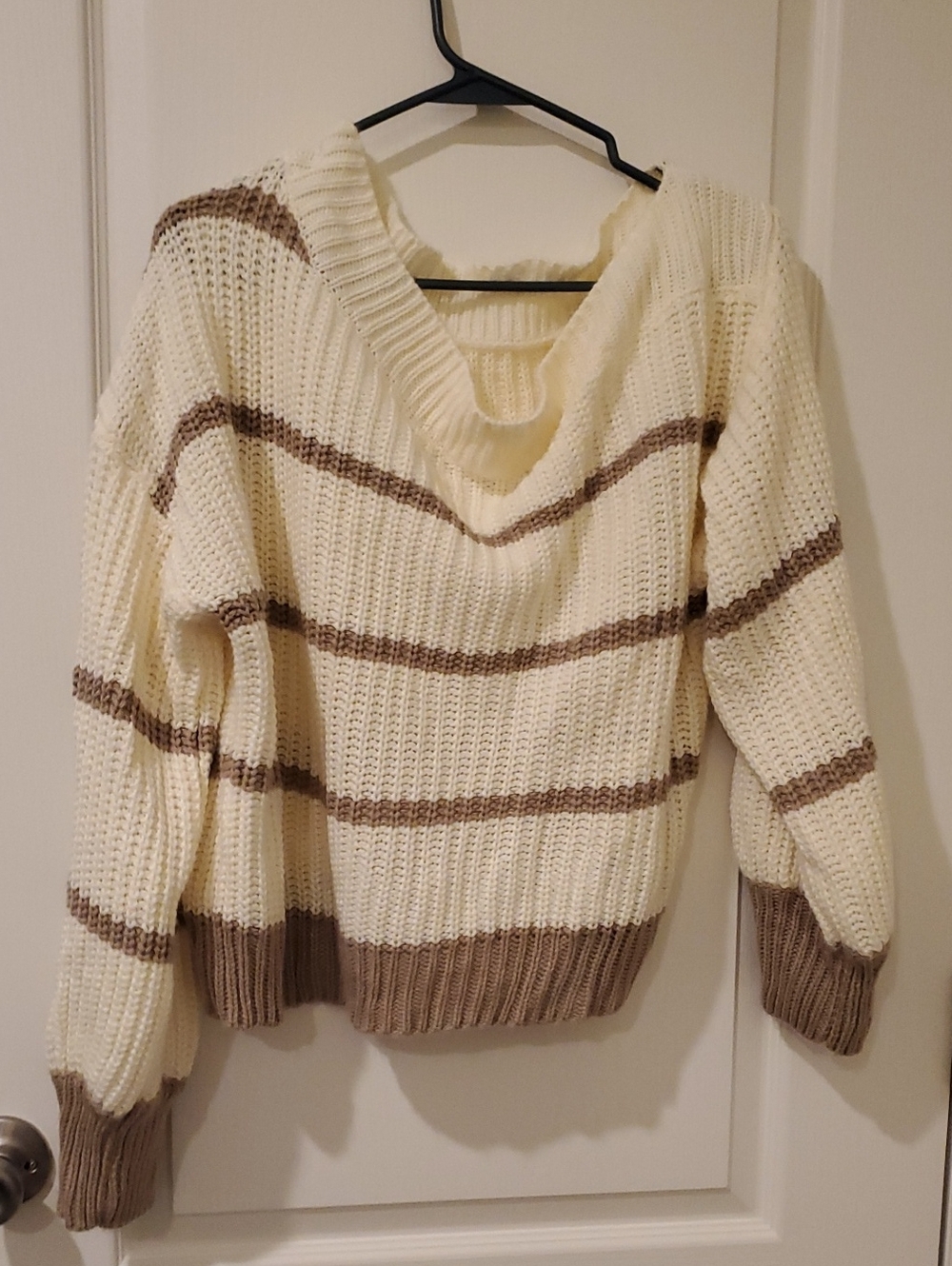 Cream & Brown Striped Cowl Neck Sweater